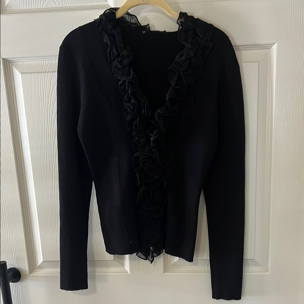 St. John Collection Black Cardigan with Ruffle Trim